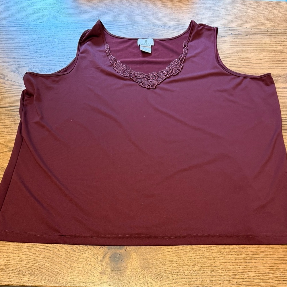 Elegant Burgundy JL Studio sleeveless top with lace trim at Neck Line Size: 3X